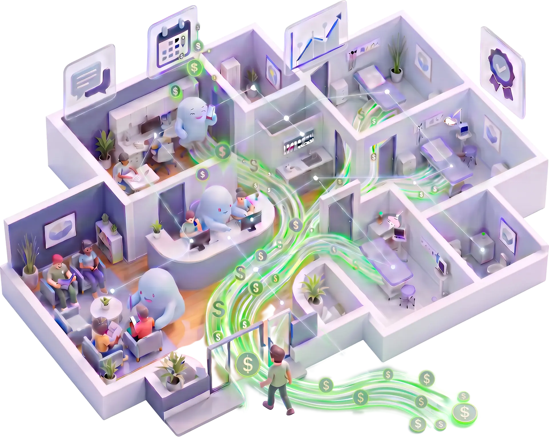 Iris assistants guiding patients through a clinic