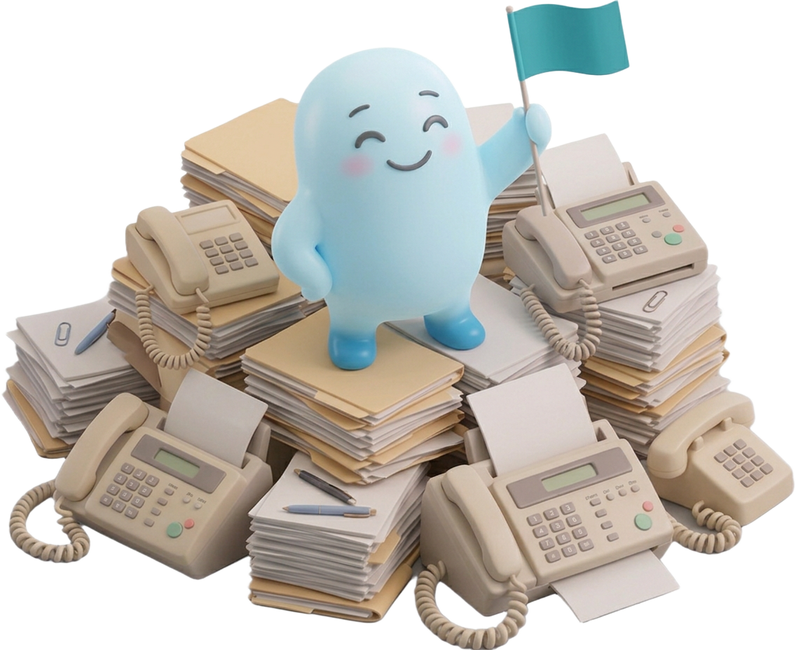 The Iris blob planting a victory flag on top of a pile of paperwork, old phones and fax machines