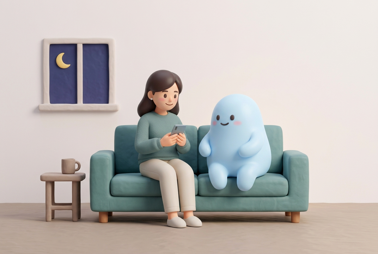 A patient and light-blue Iris sit on a teal sofa with a phone as the moon shines outside.