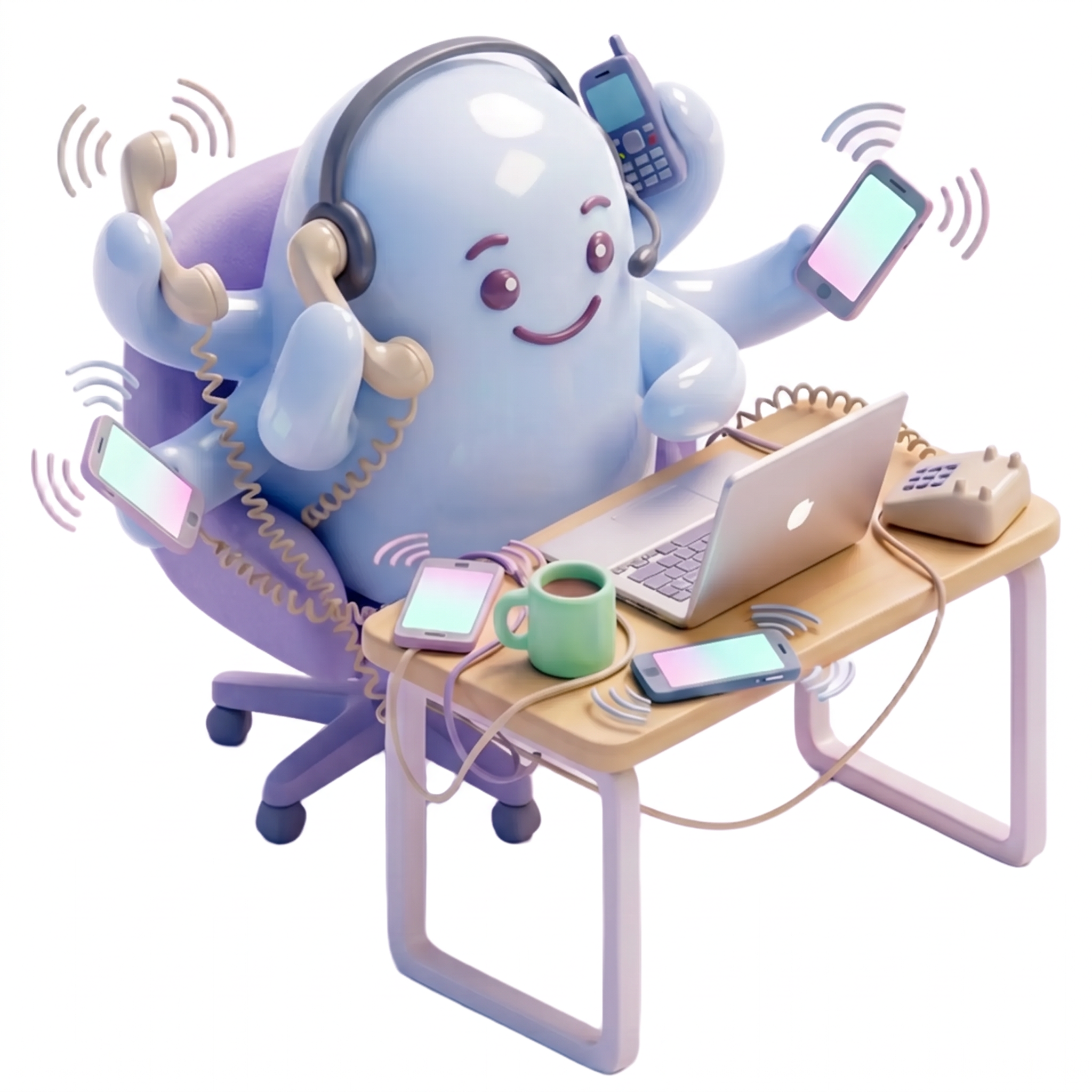 Friendly Iris character answering a phone, texting and working on a laptop at once