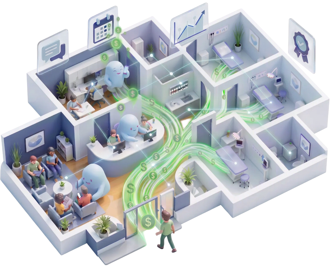 Isometric illustration of a clinic where Iris assistants move patients, tasks, and payments between rooms
