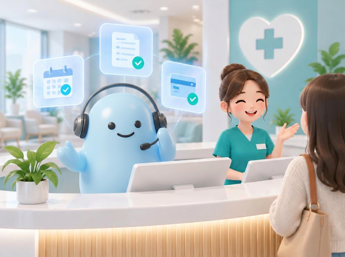 Iris answering a call at the clinic front desk while staff greet a patient