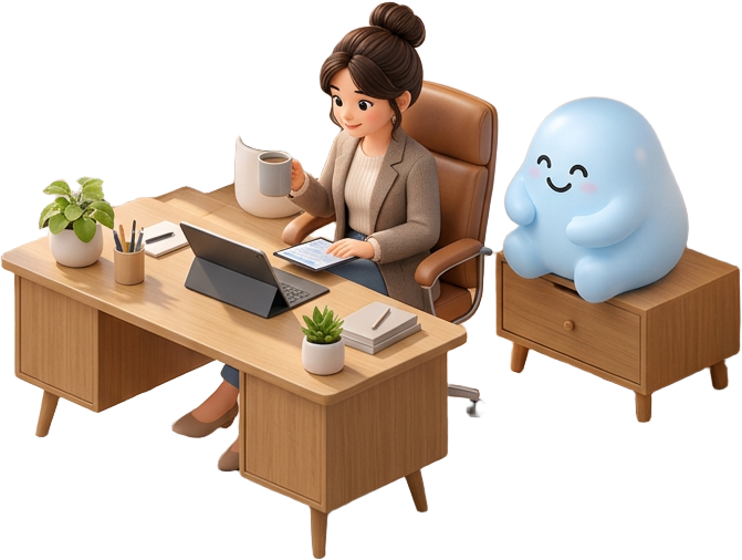 A leader at her desk with Iris beside her
