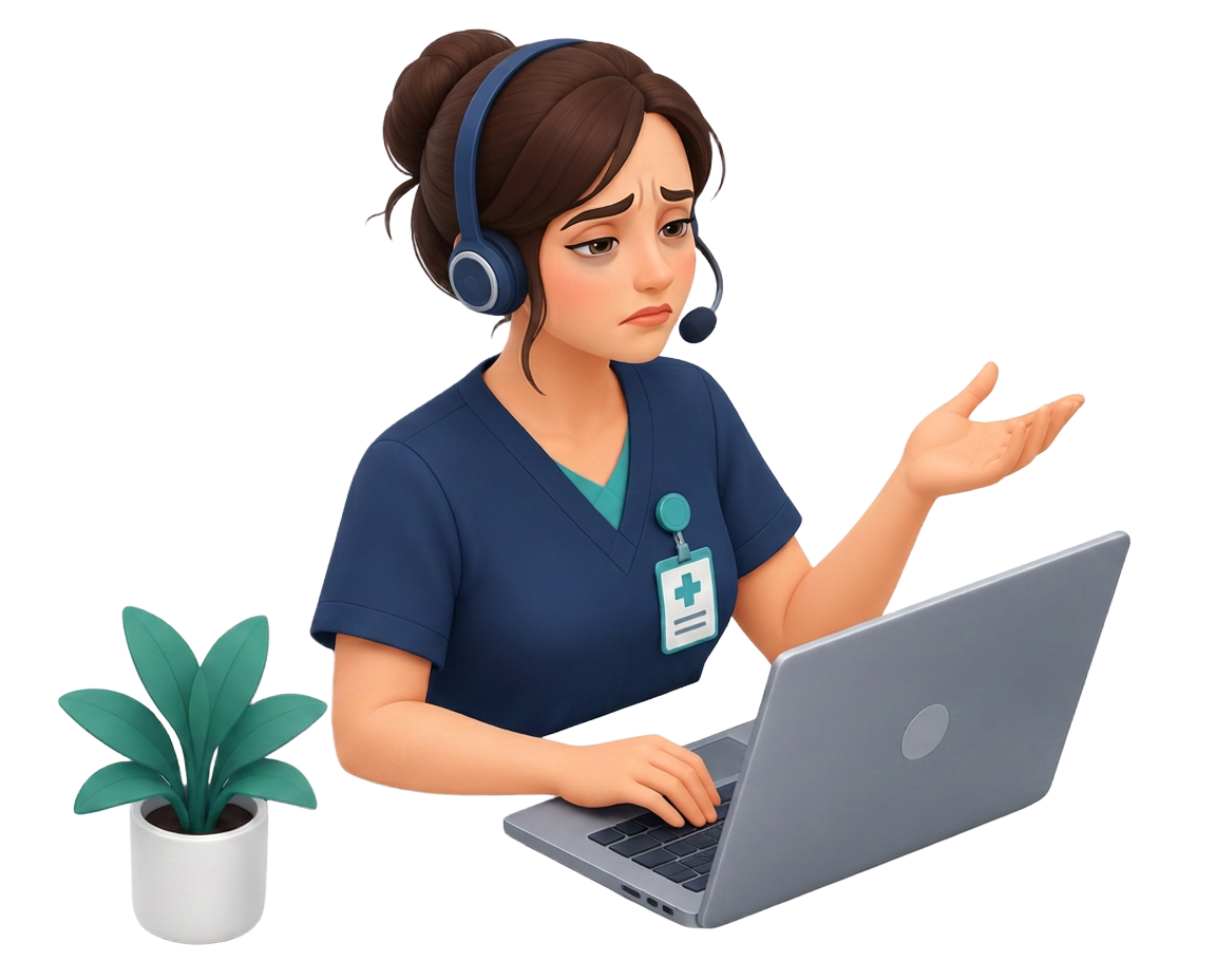 Front desk staff member on a headset at her laptop